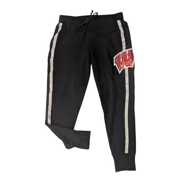 Pink Victoria’s Secret University of Wisconsin small joggers. Black,Red sequins - Picture 1 of 5